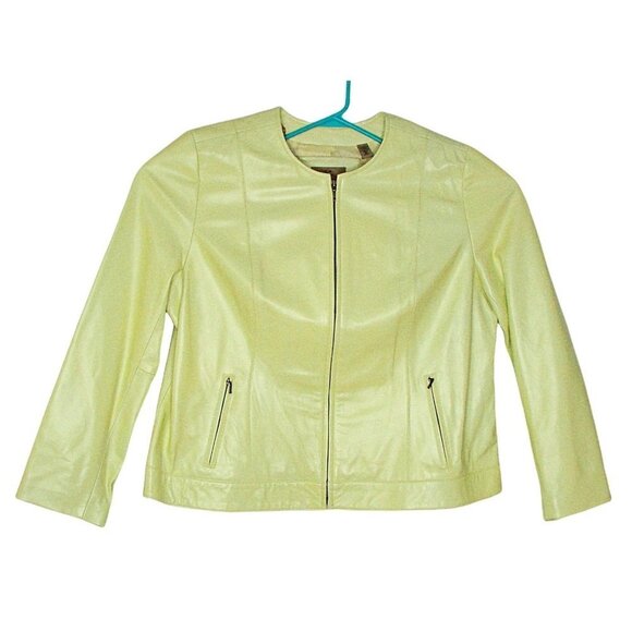 i.e. Woman Soft Leather Zip Vintage Geo Jacket Boho Light Lime Green Sz 2X NWT - Picture 1 of 12